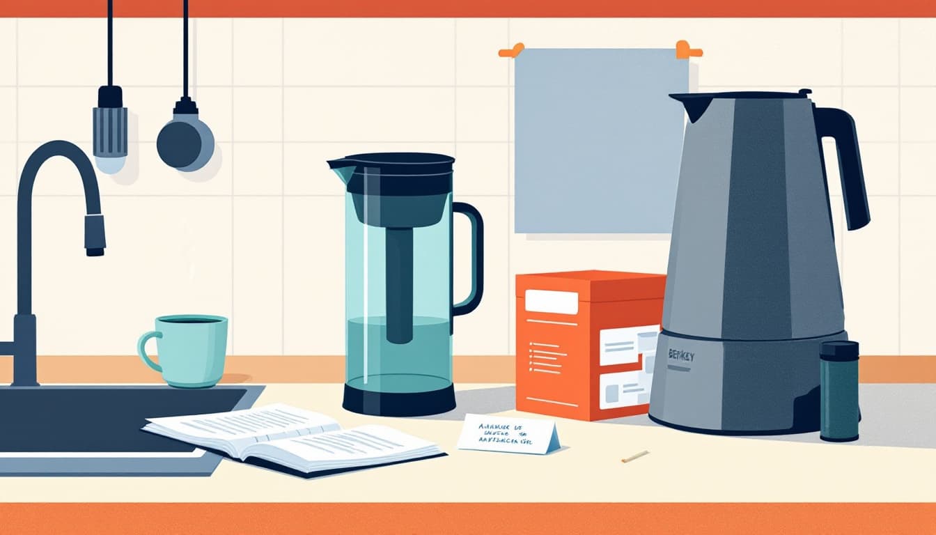 A countertop Berkey-style gravity water filter beside an empty refill container on a wood kitchen counter, soft afternoon light.